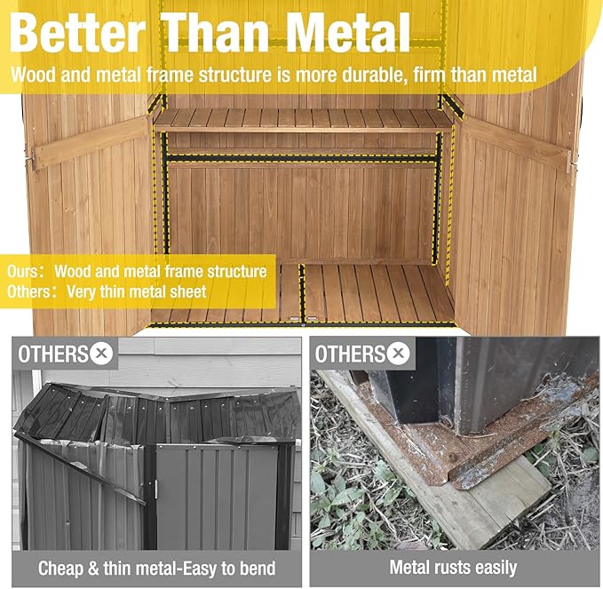 Aivituvin Shed Outdoor Storage Cabinet with Durable Metal Frame Waterproof Garden Tool Storage with Adjustable Shevels and Floor for Backyard Garden Patio Lawn, 55" L, Brown