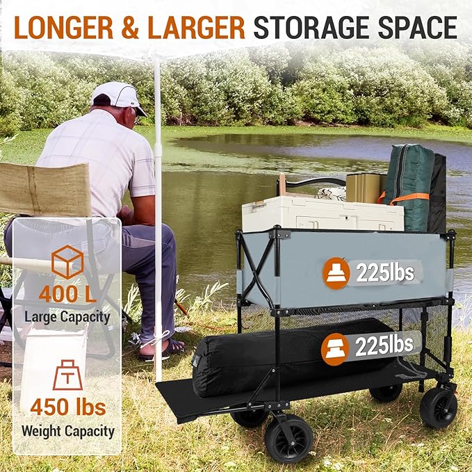 Taifa Longer Foldable Collapsible Double Decker Wagon Cart, Heavy Duty Portable Beach Utility Grocery Wagon Cart with Big Wheels and Brakes for Sand, Camping Outdoors, Grey