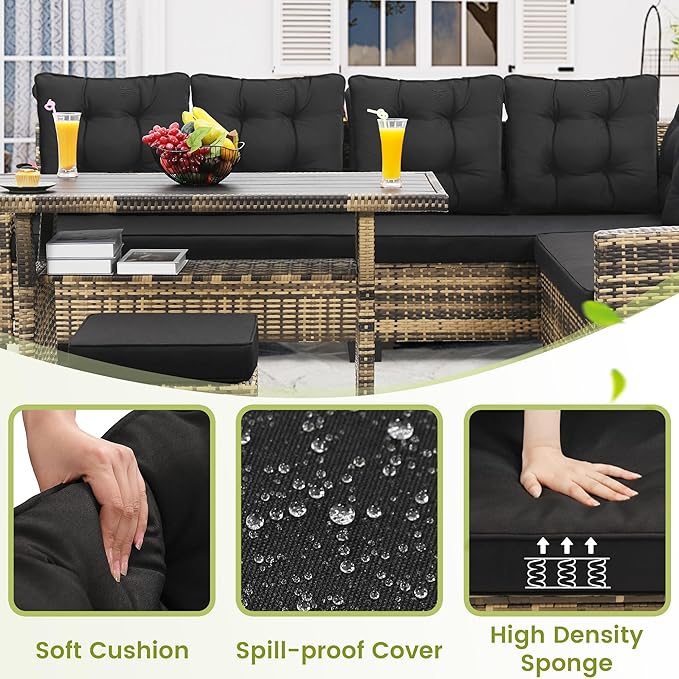 6-Piece Outdoor Patio Furniture Set - Sectional Sofa, Dining Table & Chairs Included, All-Weather Dining Set with Ottoman, Natural Wicker and Black Cushions