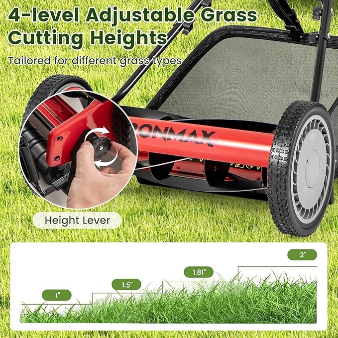 Goplus Manual Lawn Mower, 16 Inch 5-Blade Walk-Behind Cordless Grass Cutter with 7 Gallon Removable Grass Collect Bag, Adjustable Cutting Heights, Push Reel Lawn Mower for Yard, Garden