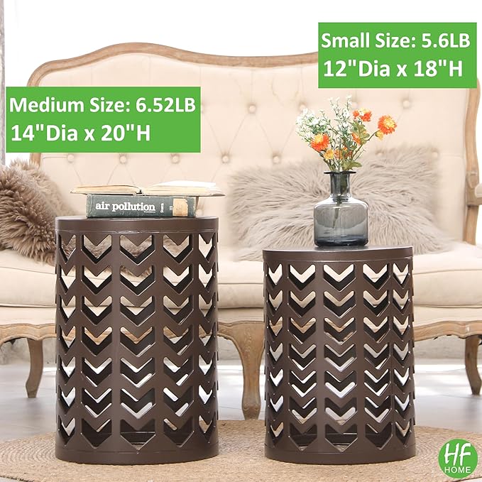 HFHOME Set of 3 Metal Side End Tables Nightstand, Nesting Round Coffee Table for Indoor Outdoor, Heavy Duty Metal Plant Stand for Living Room Garden Stool - Pure Brown (Ship from US)
