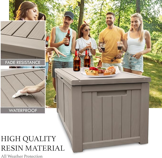 AJP Distributors 120 Gallon Outdoor Storage Box, Rain Waterproof Resin Deck Box, Lockable Large Storage Container for Patio Furniture, Cushions, Garden Tools, Sports Equipment and Pool Supplies Taupe