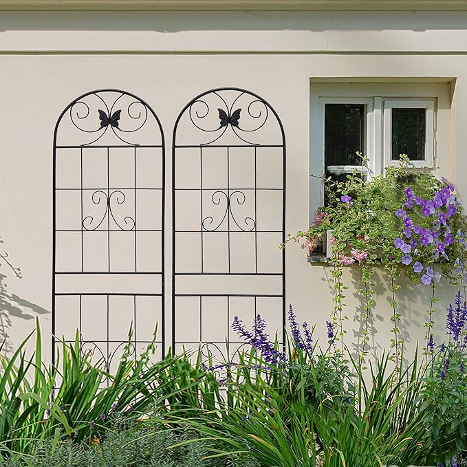 2 Pack Garden Trellises with Black Metal Coating, Trellis for Climbing Plants Outdoor, Roses, Vegetables, Vines, Cucumbers-19.7×71 inches.