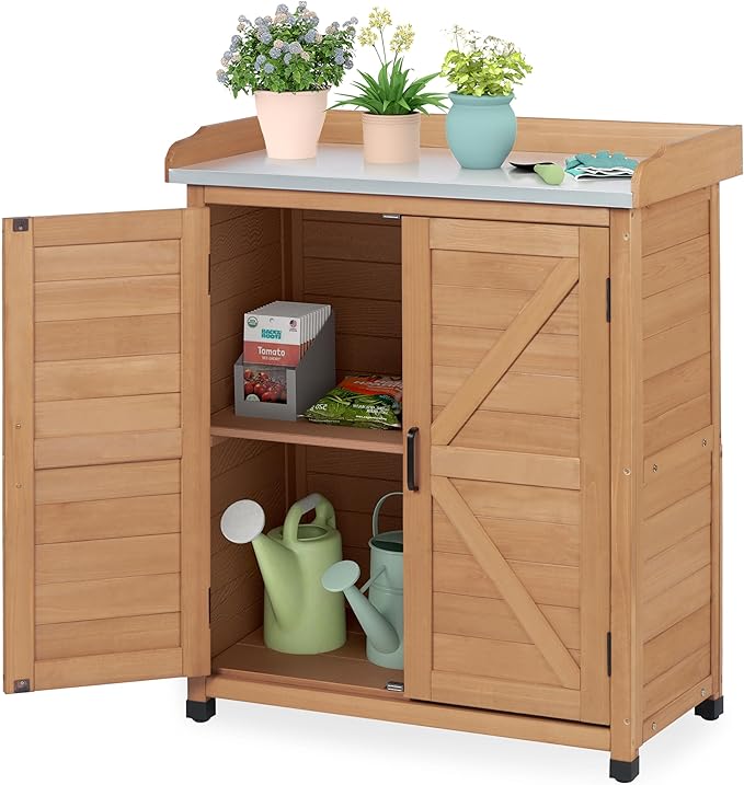 Outdoor Storage Cabinet & Potting Bench Table with Metal Top (Light Brwon, 39x31.5x17in)