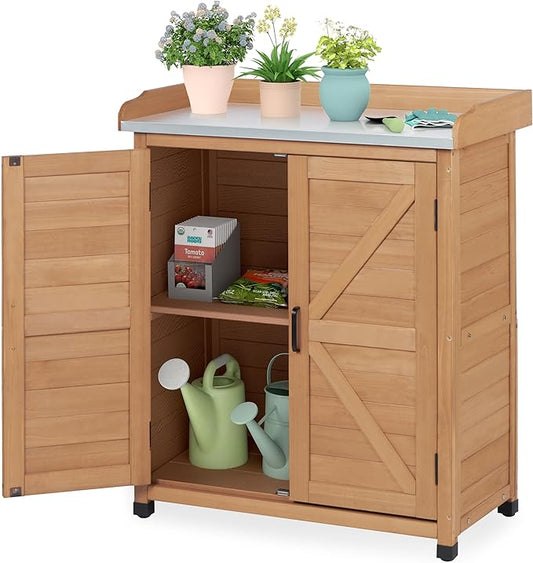 Outdoor Storage Cabinet & Potting Bench Table with Metal Top (Light Brwon, 39x31.5x17in)