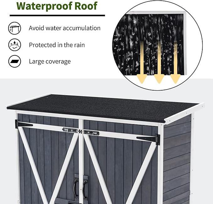 MCombo Outdoor Storage Cabinet with Shelves, Wood Garden Shed with Floor, Outside Tool Shed with 2 Lockable Doors for Backyard Patio Lawn, 1400 (Gray)