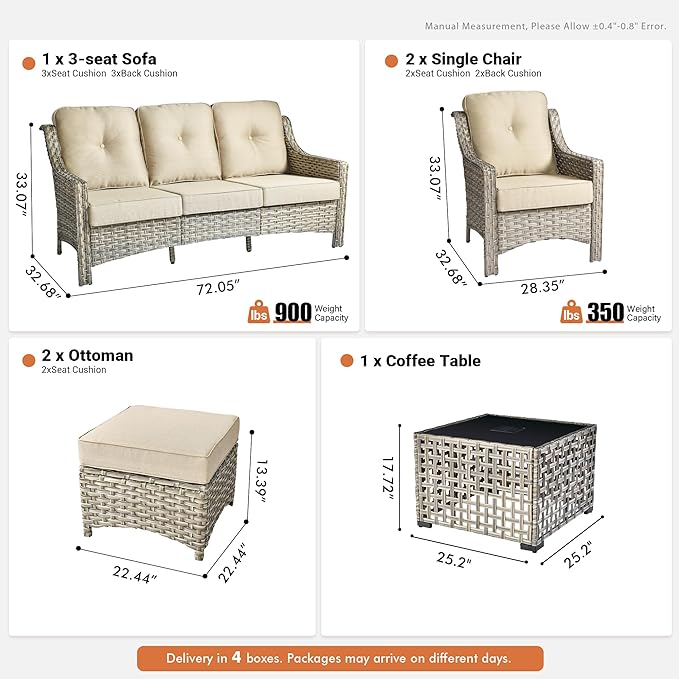 6 Pieces Patio Outdoor Furniture Set,All Weather Wicker Rattan Patio Seating Sofa and Chair Set w/Ottoman and Glowing Coffee Table,Outdoor Conversation Sets for Deck Yard Garden,Beige