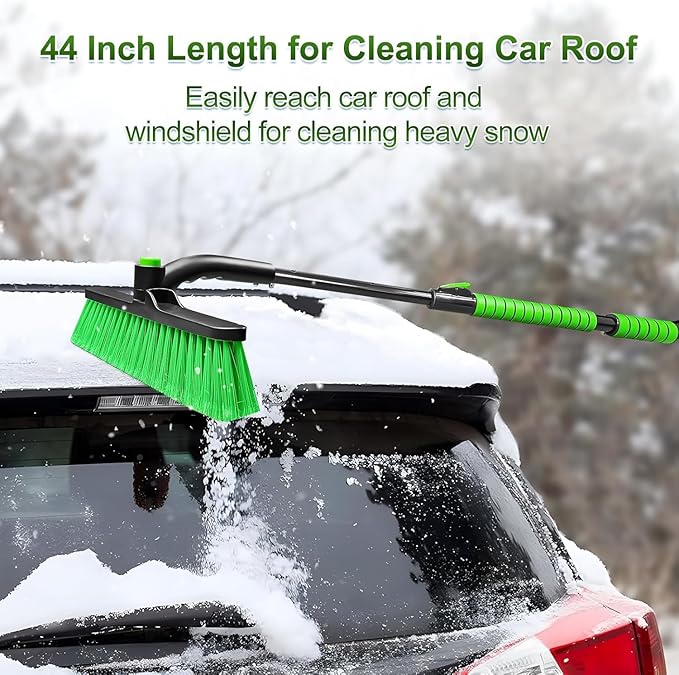 SEAAES 44 Inch Ice Scraper and Snow Brush for Car Windshield, Extendable Snow Removal Brush with Foam Grip for Truck SUV Vehicle Window - Green