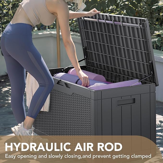 Devoko 100 Gallon Waterproof Large Resin Deck Box Indoor Outdoor Lockable Storage Container for Patio Furniture Cushions Garden Tools (100 Gallon, Grey)