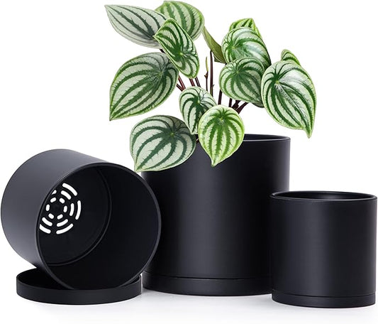 D'vine Dev 4 Inch 5 Inch 6 Inch, Set of 3 Plastic Planter Pots for Plants with Drainage Hole and Seamless Saucers, Black Color, Small, 74-V-B-1