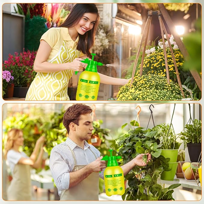 4 Pcs 1/2 Gallon Plastic Handheld Pump Sprayer – Garden Pressure Sprayer Bottle with Adjustable Nozzle for Plants, Cleaning, Household Tasks – White & Yellow