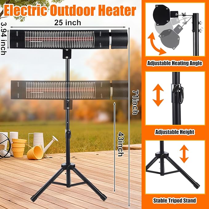 Electric Patio Heater Outdoor 1500W Carbon Infrared Heater with Remote Timer 3 Heat Levels IPX4 Waterproof Tripod Stand Ceiling Wall Mount for Backyard Restaurant Garage