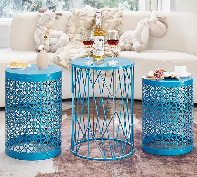 Y&M Set of 3 Heavy-Duty Round End Table, Side Table, Coffee Table for Indoor Multifunctional Use, Outdoor Decorative Garden Stool Plant Stand-Blue