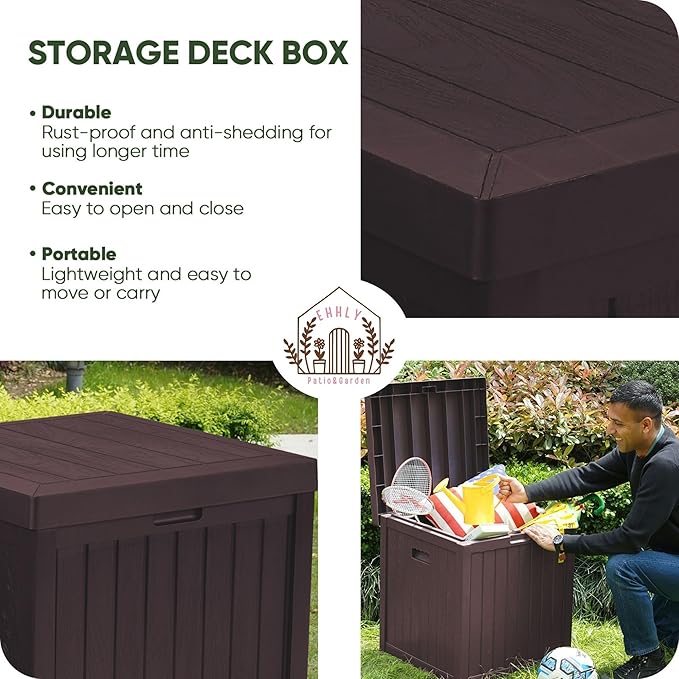 Deck Box, 51 Gallon Front Porch Package Bin Delivery Box for Outside, Small Patio Outdoor Storage Boxes Waterproof, UV Resistant Plastic Resin Pool Storage Bins with lids, Brown