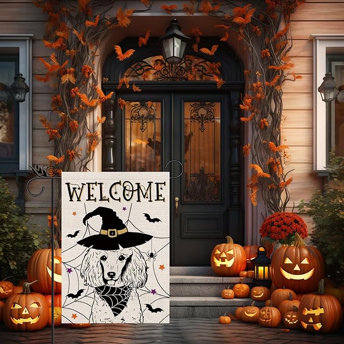 Halloween Garden Flag Poodle Cobweb Bats Double Sided Vertical Welcome Flag Holiday Outdoor Yard Lawn Decorations 12.5 x 18 Inch