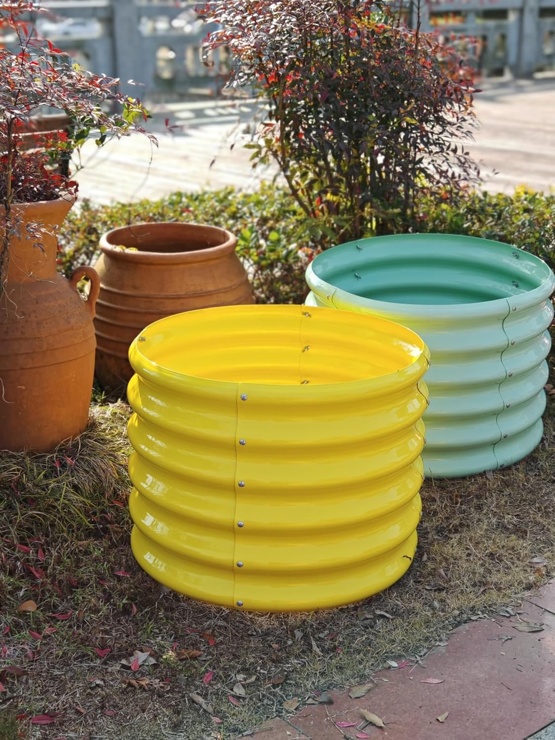 A ANLEOLIFE Kids Raised Garden Beds Outdoor (4-Pack)-24x24x18in Round Galvanized Metal Planter Box for Planting Vegetables, Flowers, Fruits, Eco-Safe & Easy Setup, Sunlit Gold