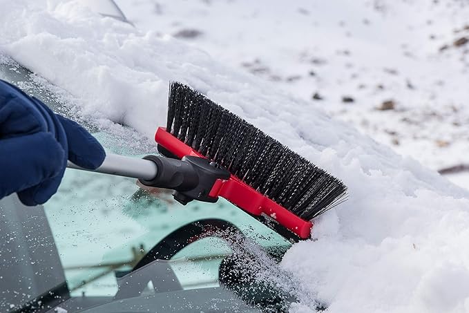 Mallory USA Mini Telescoping 35" Pivoting Dual Head Snow Broom with Squeegee, Integrated Ice Scraper (Red)