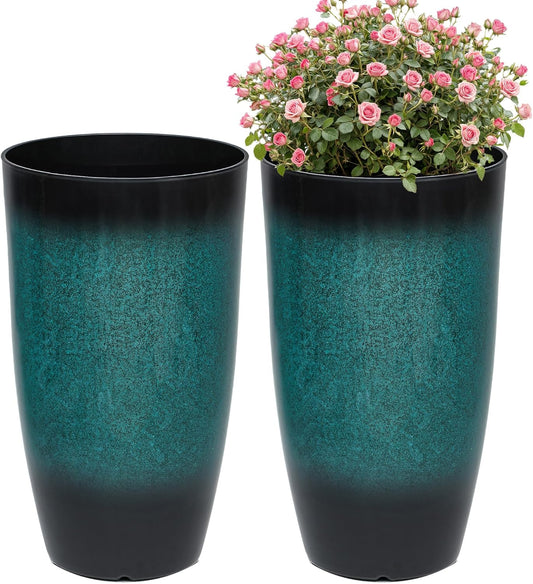 23.6" Set of 2 Tall Outdoor Planters, Gradient Turquoise Plastic Flower Pots, Weatherproof for Porch, Garden, Patio or Indoor Décor