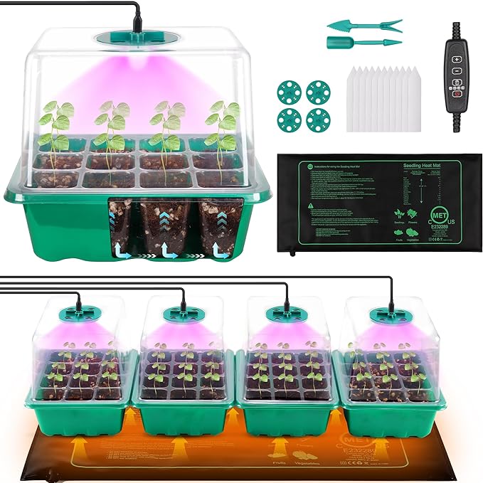 4-Pack Seed Starter Tray with Grow Light and Heat Mat, 48 Cells Seed Starter Kit with Adjustable Humidity Dome and Base, Germination Kit for Seed Growing Plant Propagation