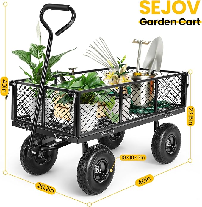 Garden Cart, Heavy Duty 880 Lbs Capacity Mesh Steel Garden Cart with Removable Sides to Convert into Flatbed, Utility Metal Wagon with 180° Rotating Handle and 10 in Tires, Black