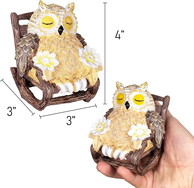 Solar-Powered Owl Statue on Chair, Cute LED Owl Figure for Home, Fireplace, Outdoor, 3x3x4 in