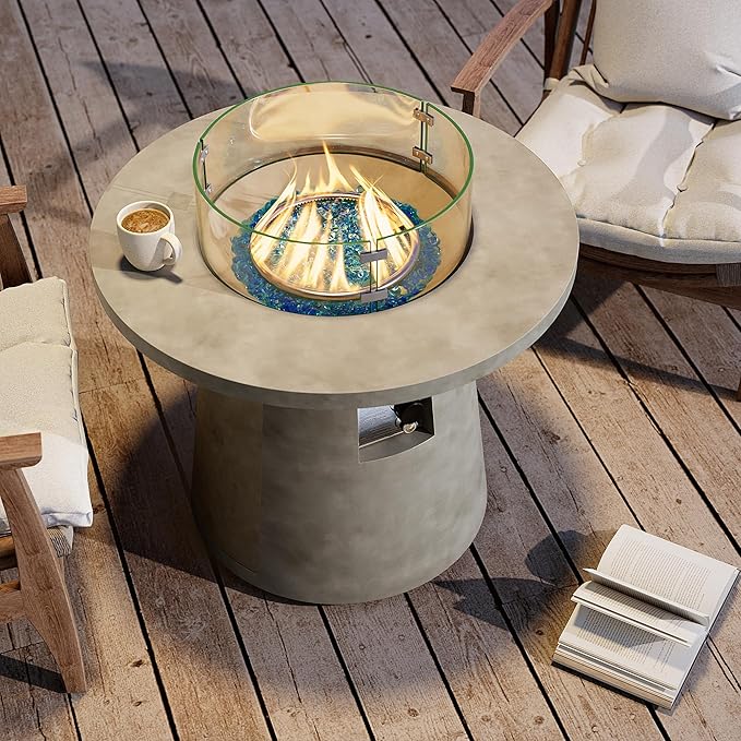 HOMPUS Outdoor Propane Fire Pit, 31-inch Round Gray Propane Fire Pit with 10 lbs Aqua Blue Fire Glass, 40000 BTU Gas Smokeless Fire Pit, Patio Concrete Fire Pit with Lava Rocks and Rain Cover