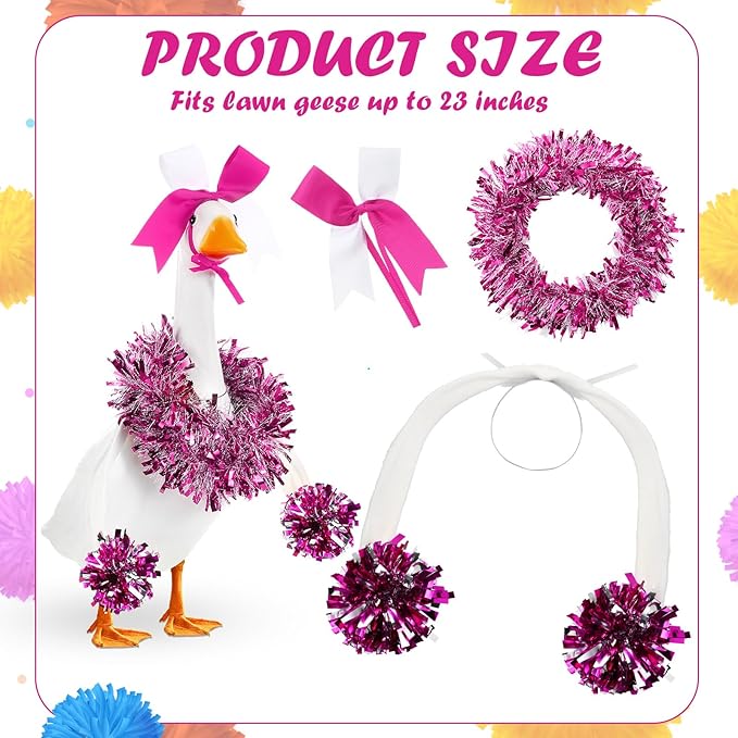 3 Pcs Cheerleader Porch Goose Outfit Poseable Wings with Pom Poms Garland and Bow for 23" Lawn Cement Goose Football Halloween Garden Patio Yard Outdoor Classroom Decorations (Hot Pink)