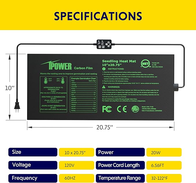 iPower 2 Pack 10"x20.75" Seedling Heat Mat with Built-in Temperature Controller, MET Certified Waterproof Plant Heating Pad, for Germination, Breeding, Brewing