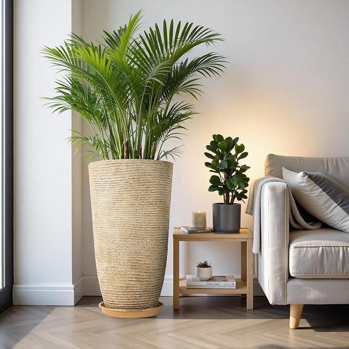 QCQHDU 9 Gallon Tall Large planters for Outdoor/Indoor Plants of 12" Dia x 21" H Round Flower Pots Set Faux Stone Finish Front Door Patio Square Porch Planters with Tray, Beige