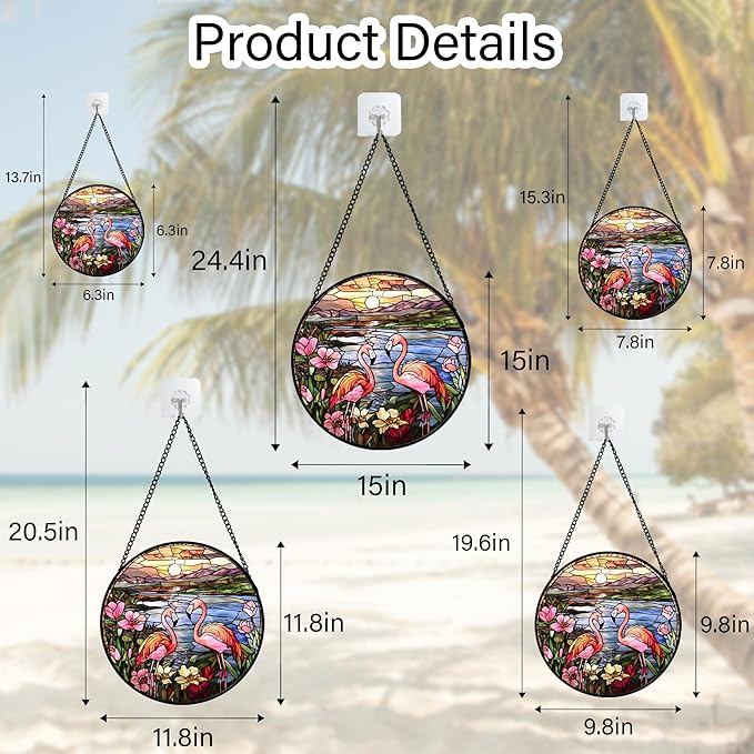 Stained Glass Window Hanging - Flamingo Wildflowers Landscape Suncatcher for Door Terrace Garden Home Decor Sunset Lake Sun Catcher Birthday Gifts for Lovers Women Men Dad Mom Nana 6.3 in