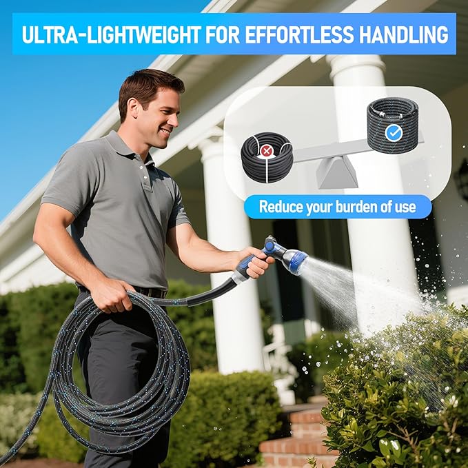 Garden Hose 75ft, 3-Layer Flexible Water Hose with 8 Pattern Spray Nozzle, Non-Expanding & Lightweight Stainless Steel Hose for Yard, Lawn, Outdoor-Leak Proof, No-kink & Tangle-free