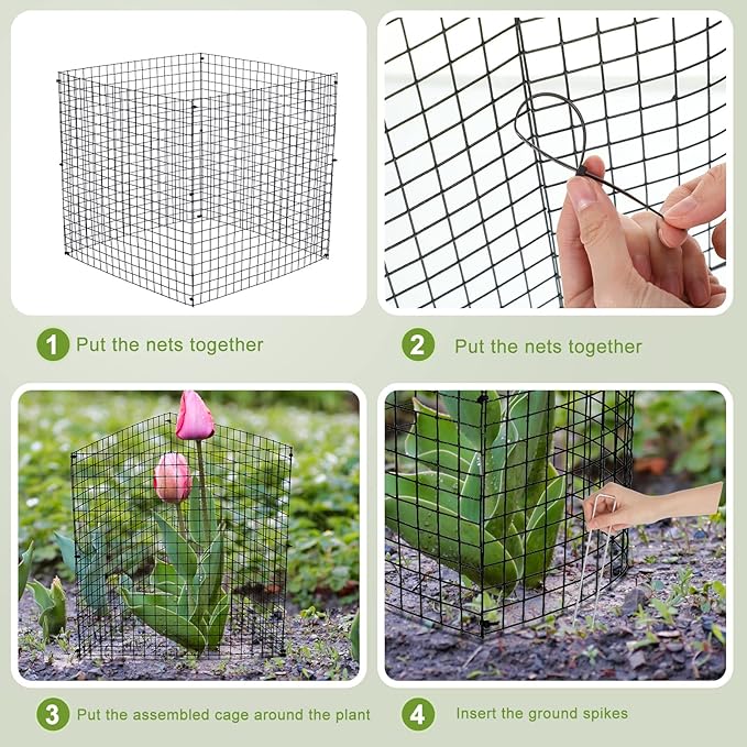 Zubebe 8 Pack Small Wire Plant Protectors Square Plant Protectors from Animals Mesh Cage Chicken Wire Cloche for Shrubs and Vegetables with Ground Stakes and Nylon Ties (12 x 12 Inch)