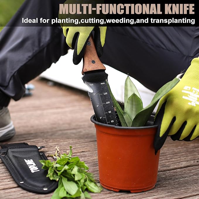 TOPLINE Hori Hori Garden Knife with Oxford Sheath, 7" Stainless Steel Blade with Cutting Edge, Full Tang Walnut Handle with Hanging Hole, Multifunctional Garden Tools for Weeding, Planting, Cutting