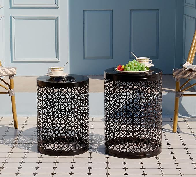 HFHOME Set of 3 Metal Side End Tables Nightstand, Nesting Round Coffee Table for Indoor Outdoor, Heavy Duty Metal Plant Stand Living Room Garden Stool - Bronze