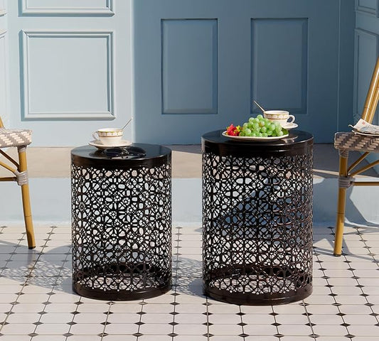 HFHOME Set of 3 Metal Side End Tables Nightstand, Nesting Round Coffee Table for Indoor Outdoor, Heavy Duty Metal Plant Stand Living Room Garden Stool - Bronze