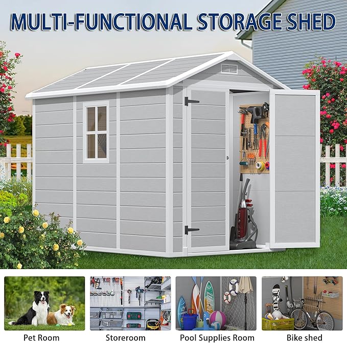 8.7x5.5 FT Resin Outdoor Storage Shed with Floor, Weather-Resistant Plastic Garden Shed with Windows, Lockable Door and Vents, Outside Tool Storage Sheds for Backyard, Garden, Patio, Lawn, Grey