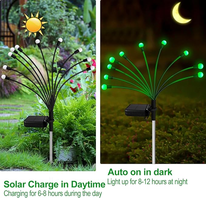 Kohlrabi Solar Halloween Lights Outdoor, 2 Pack 20 LED Solar Green Firefly Lights, Waterproof Wind Swaying Light for St. Patrick's Day Irish Day Outside Yard Patio Decoration