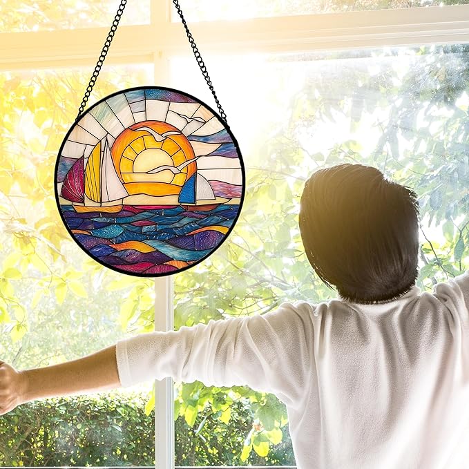 Stained Glass Window Hanging, Sailboat and Waves Suncatcher Diamond Glass Panel Hangings Sun Catchers Decor for Birthday for Women, Men, Wife, Aunt, and Mom 11.8x11.8 in