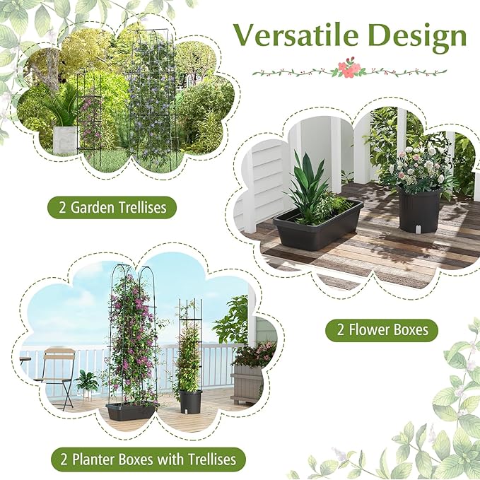 Happygrill 2 Pack Tomato Cage, Metal Garden Trellis w/Adjustable Height & Self-Watering System for Vines Potted Plants Vegetables, Tall Plant Support Tomato Trellis w/Planter Box