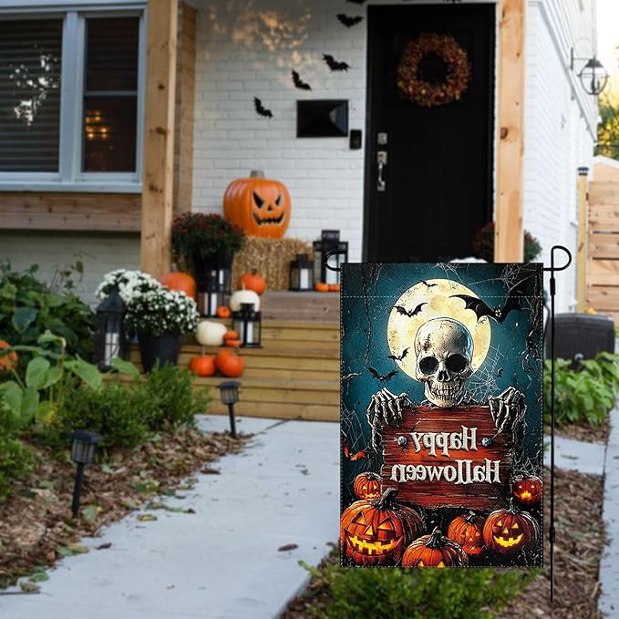 Halloween Garden Flag 12 x 18 Inch Double Sided Skeleton Pumpkin Designs Happy Halloween Fall Autumn Burlap Yard Flag for Outside Rustic Yard Outdoor Holiday Home Decoration