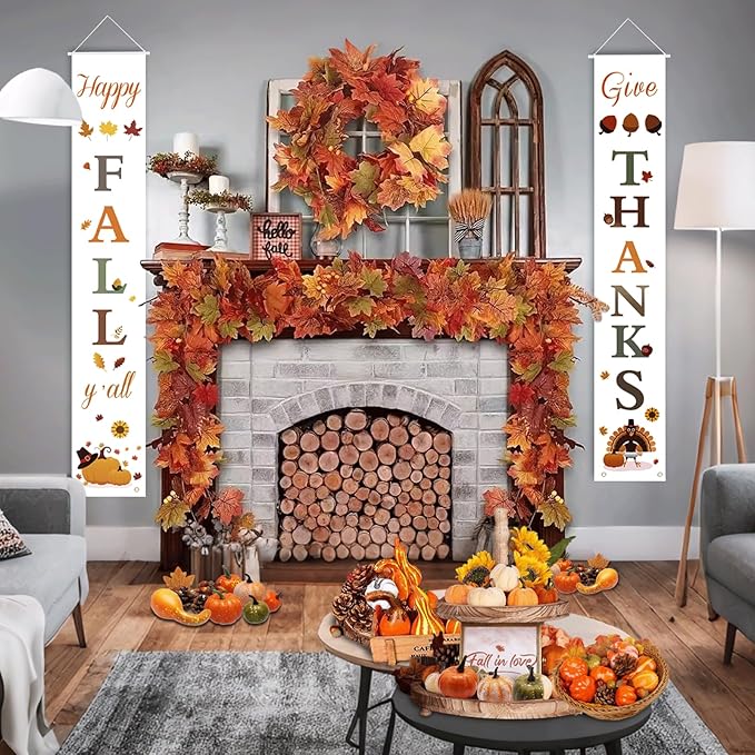 Fall Decor Set 5 Pack 5.9Ft Artificial Fall Maple Leaves Garland - 70pcs with Mini Pumpkins kit, Happy Fall Porch Banner Welcome Signs Autumn Decor for Thanksgiving Home & Fall Decorations