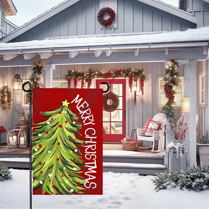 Merry Christma Garden Flag Xmas Tree Yard Flag Winter Red Green Trees Double Sided Vertical House Banner for Rustic Farmhouse Seasonal Outdoor Decoration 12x18 Inch