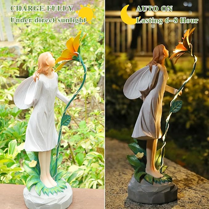 Fairy Garden Statue Outdoor Decor, Solar Powered Garden Sculptures Fairy Resin Statues Waterproof Yellow Flower Solar LED Lights Yard Art Decorations for Outside Patio Lawn Decor