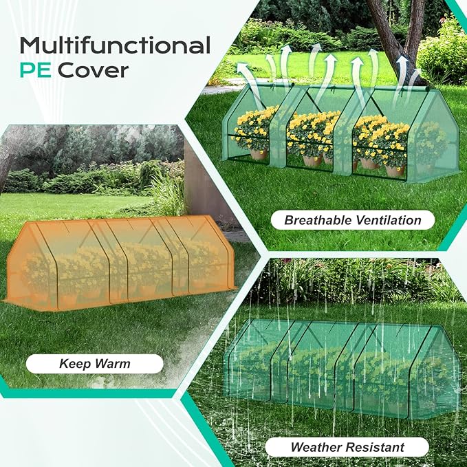BPS 9x3x3 ft Mini Greenhouse with Green PE Cover UV-Protected Roll-Up Zipper Doors, Ideal for Indoor or Outdoor Use on Raised Garden Beds
