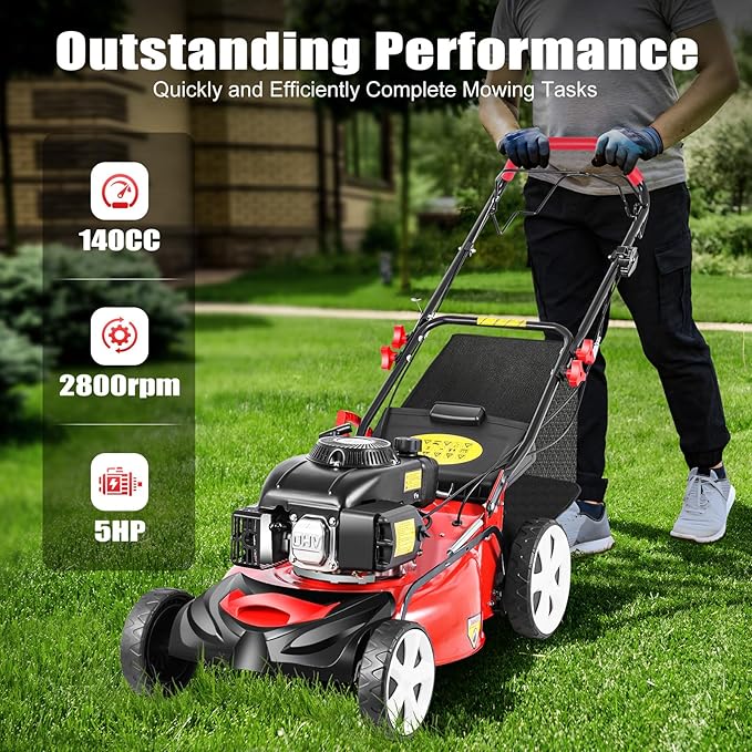 Self-Propelled Gas Lawn Mower, 20-Inch Mowing Width, 140CC 4-Stroke 5HP Engine, Adjustable Height with 8 Gears, Large Grass Bag 15.9Gal