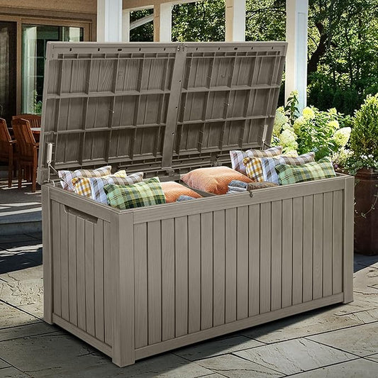 YITAHOME 180 Gallon XL Outdoor Storage Deck Box with Divider, Waterproof & Lockable, Ideal for Patio Furniture and Garden Tools, Resin-Built, Wood-Like Texture, Brown
