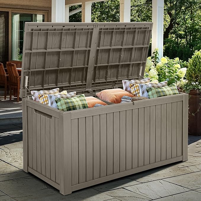 YITAHOME 180 Gallon Large Outdoor Storage XL Deck Box w/Divider for Patio Furniture,Outdoor Cushions, Garden Tools, Sports Equipment and Pool Supplies, Waterproof, Resin, Lockable, Taupe