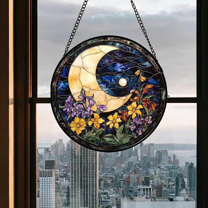 Stained Glass Window Hanging - Blue Night Sky Moon Suncatcher for Door Terrace Garden Home Decor Wildflowers Sun Catcher Birthday Gifts for Lovers Women Men Dad Mom Nana 11.8 in
