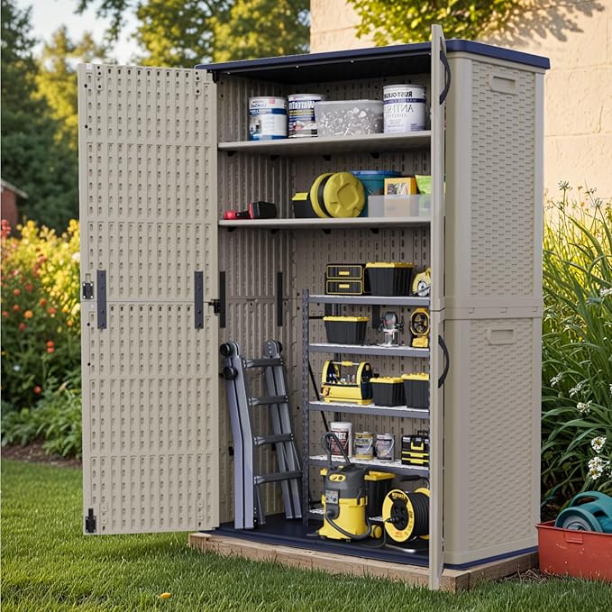 Patiowell 50 cu.ft Plastic Outdoor Storage Shed, Lockable Waterproof Resin Storage Cabinet Vertical Storage Shed for Garden Tools, Garbage Cans, Pool Supplies, Beige(Not Include Shelves)