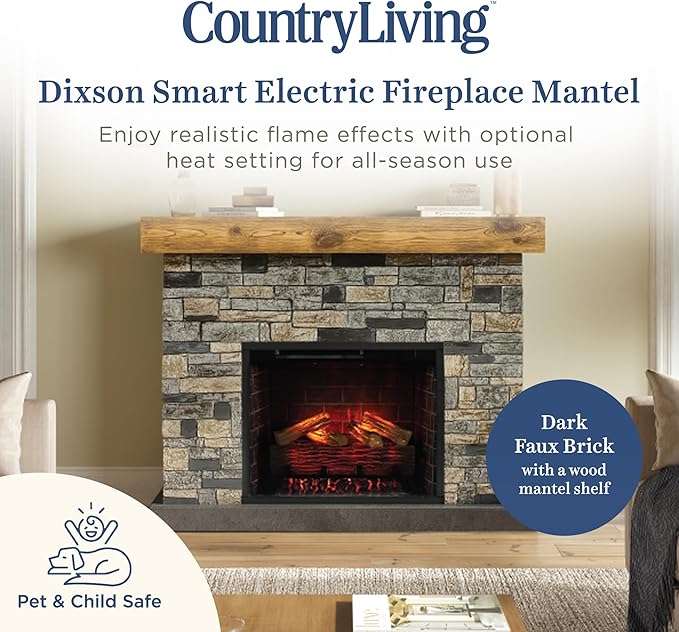 Country Living - Dixson Fireplace Mantel Package, 28” Fireplace Insert, Stone Brick Mantel Surround, Alexa/WiFi Enabled, 1500W